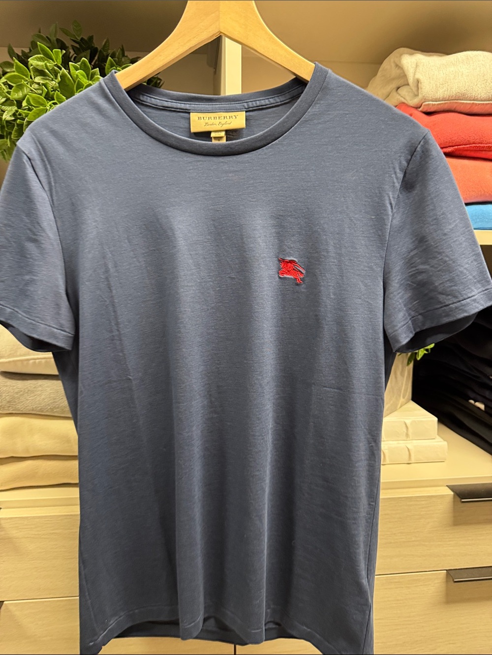 Burberry Men's Slate Blue Crewneck T-Shirt with Red Logo